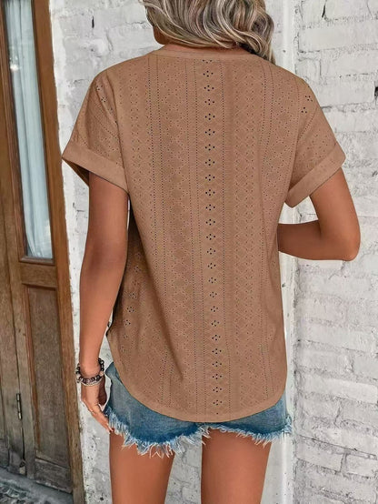 Solid Eyelet Short Sleeve Tee Loose Fit Casual Top
