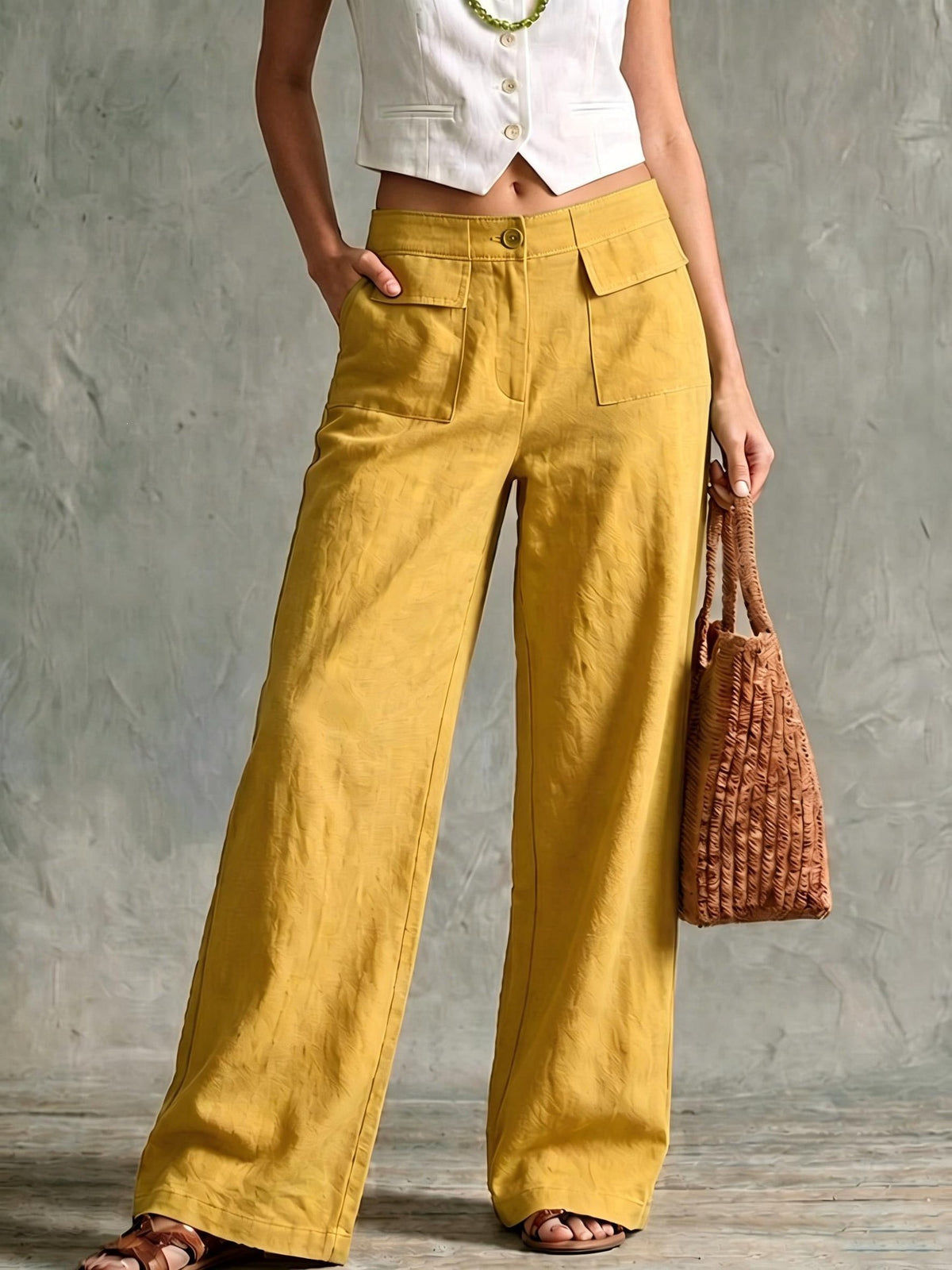 Women Cotton Linen High Waisted Wide Leg Casual Pants