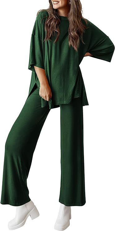Women's 2 Piece Lounge Set Short Sleeve Top Wide Leg Pants