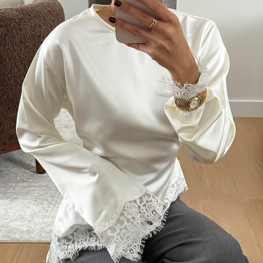 Women's Satin Lace Trim Long Sleeve Blouse Top