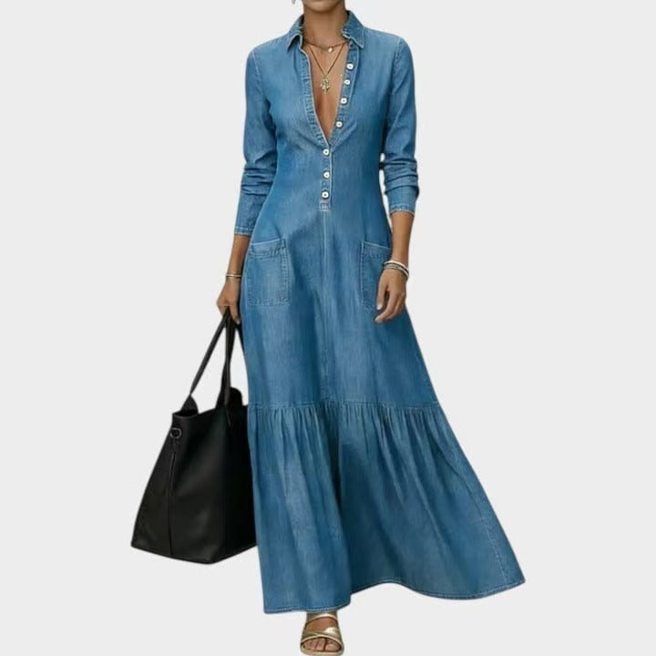 Vintage Denim Shirt Dress Button Front Maxi Collar