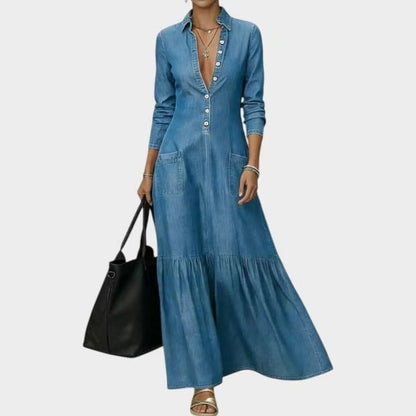 Vintage Denim Shirt Dress Button Front Maxi Collar