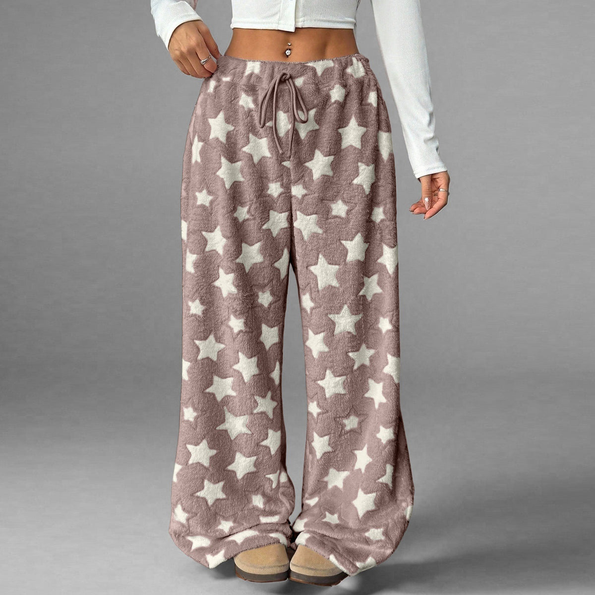 Fuzzy Star Print Wide Leg High Waist Lounge Pants