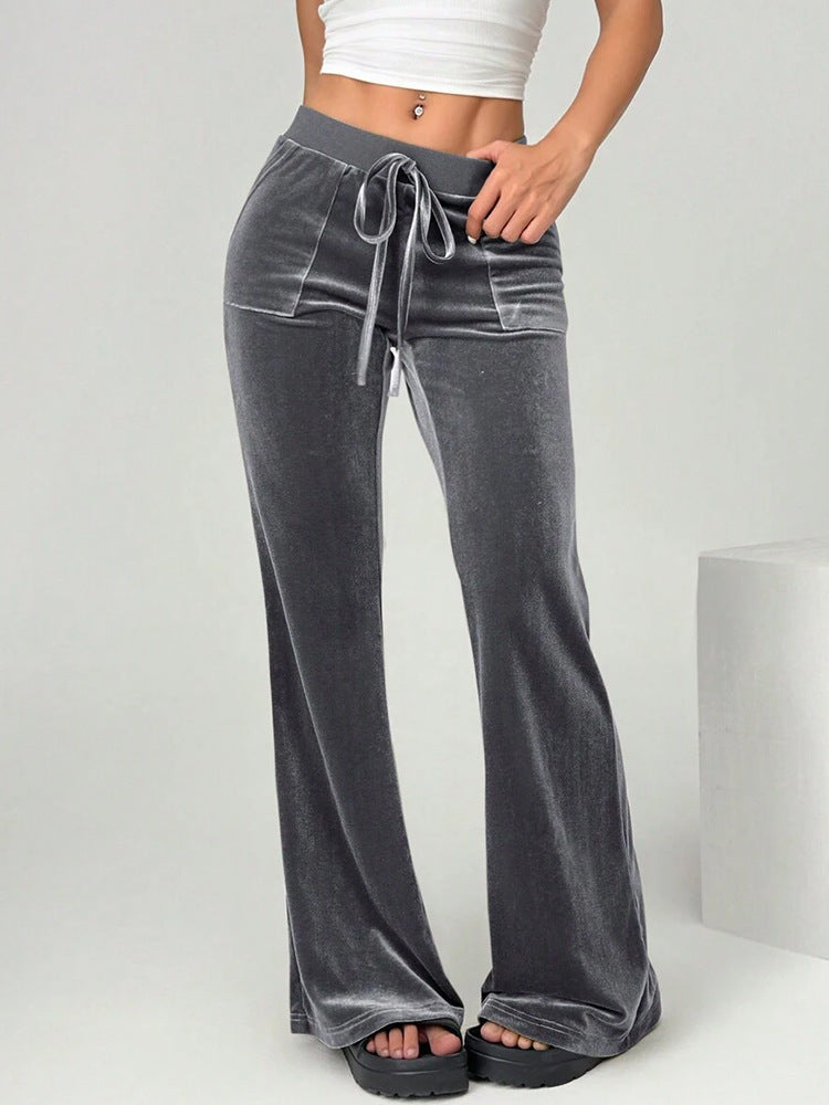 Velvet Drawstring Flare Pants with Pockets