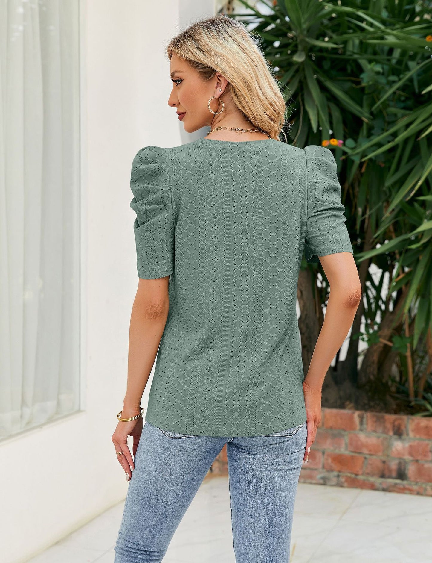 Loose Fit Ruched Sleeve Lace Knit T-Shirt for Women
