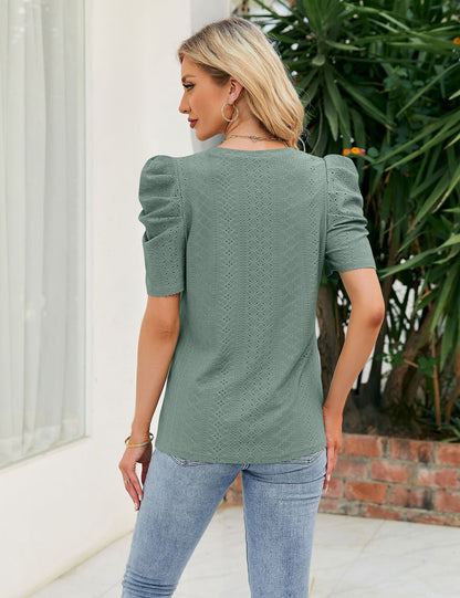Loose Fit Ruched Sleeve Lace Knit T-Shirt for Women