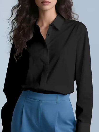 Women's Collared Work Blouse Long Sleeve Hidden Button