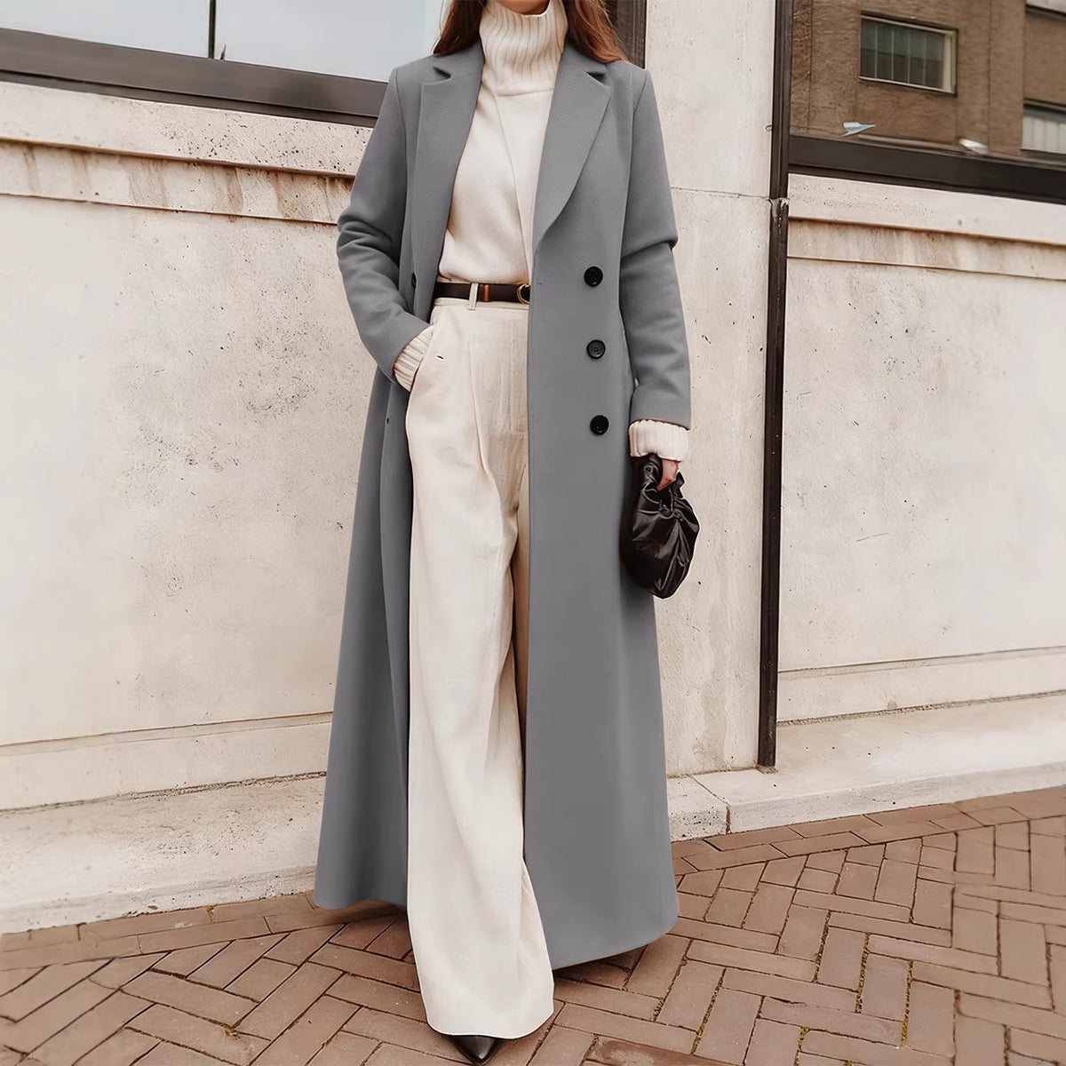 Women's Long A-Line Coat V-Neck Winter Overcoat