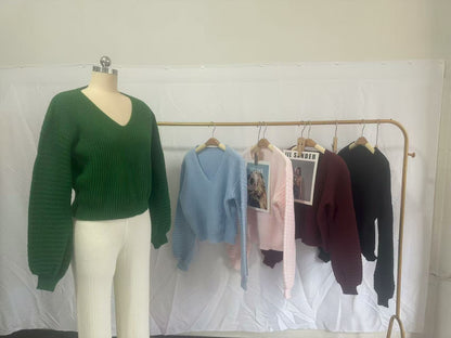 V-Neck Balloon Sleeve Oversized Knit Pullover Sweater