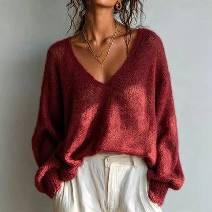 Women's Oversized V-Neck Open Knit Sweater