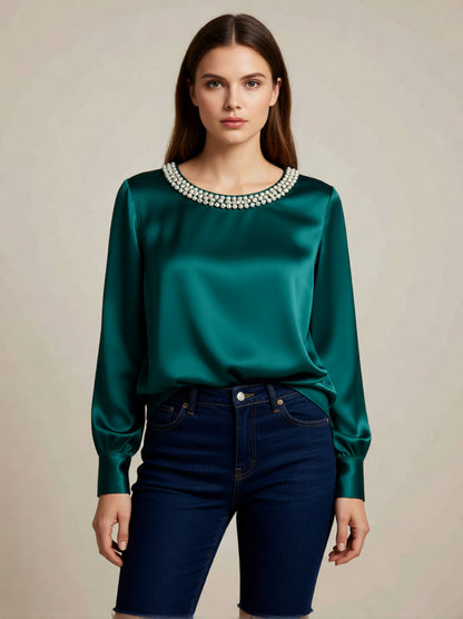 Women's Satin Pearl Neck Long Sleeve Blouse Top