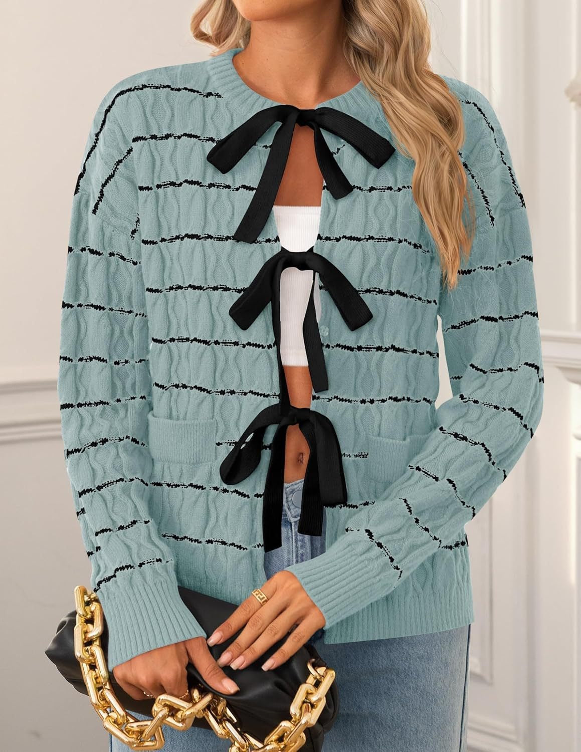 Women's Striped Bow Tie Front Cardigan Sweater