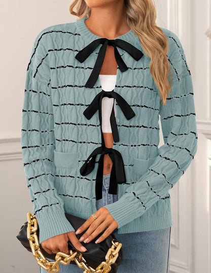 Women's Striped Bow Tie Front Cardigan Sweater