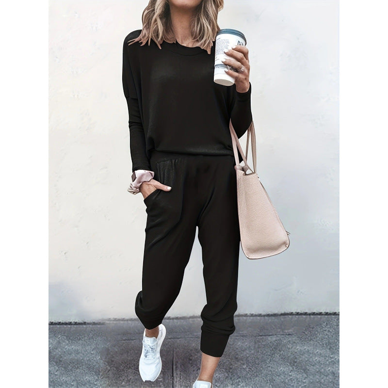 Womens Solid 2 Piece Lounge Set Long Sleeve Jogger Pants