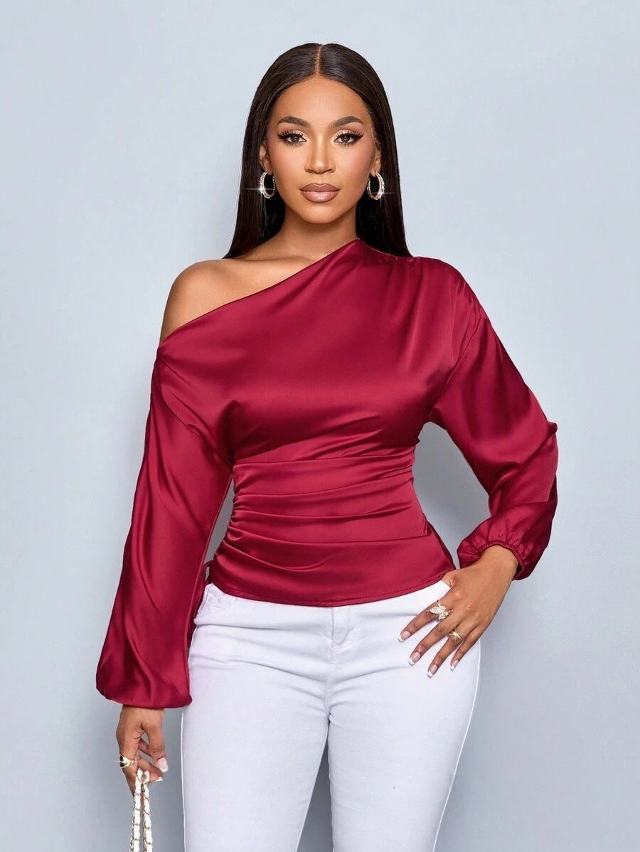Women's Satin One Shoulder Long Sleeve Ruched Top