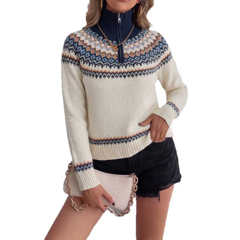 Women's Oversized Fair Isle Zip Turtleneck Sweater