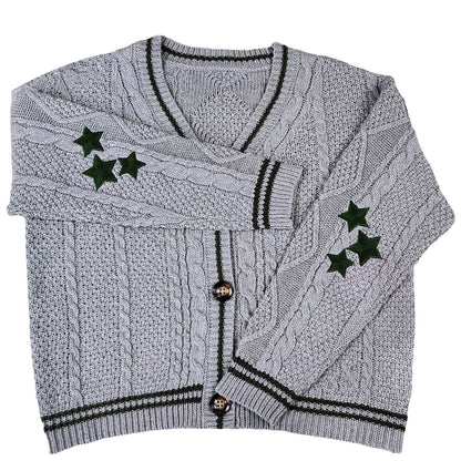 Women's Oversized Star Embroidered V-Neck Cardigan Sweater