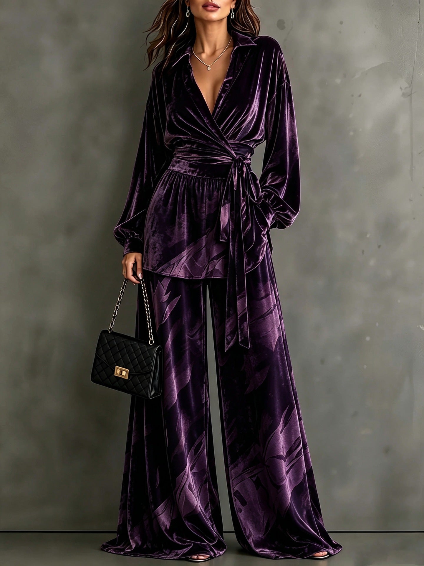 Women's Velvet Wrap Top Wide Leg Pants Two Piece Set