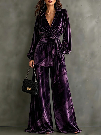 Women's Velvet Wrap Top Wide Leg Pants Two Piece Set