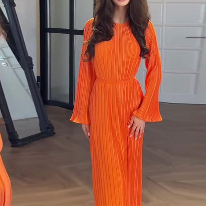 Pleated Bell Sleeve Maxi Dress Elegant Solid Flowy Mesh