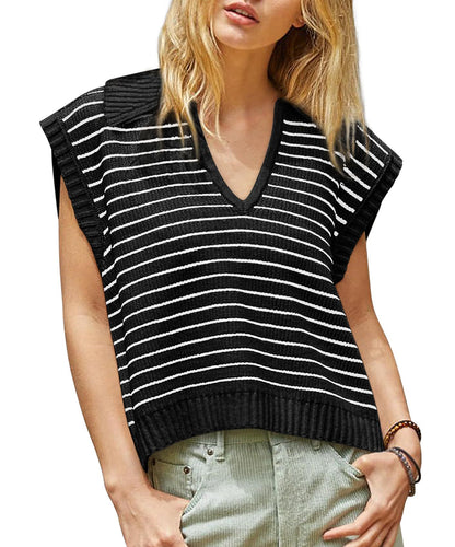V-Neck Striped Knit Sweater, Casual Lapel Top