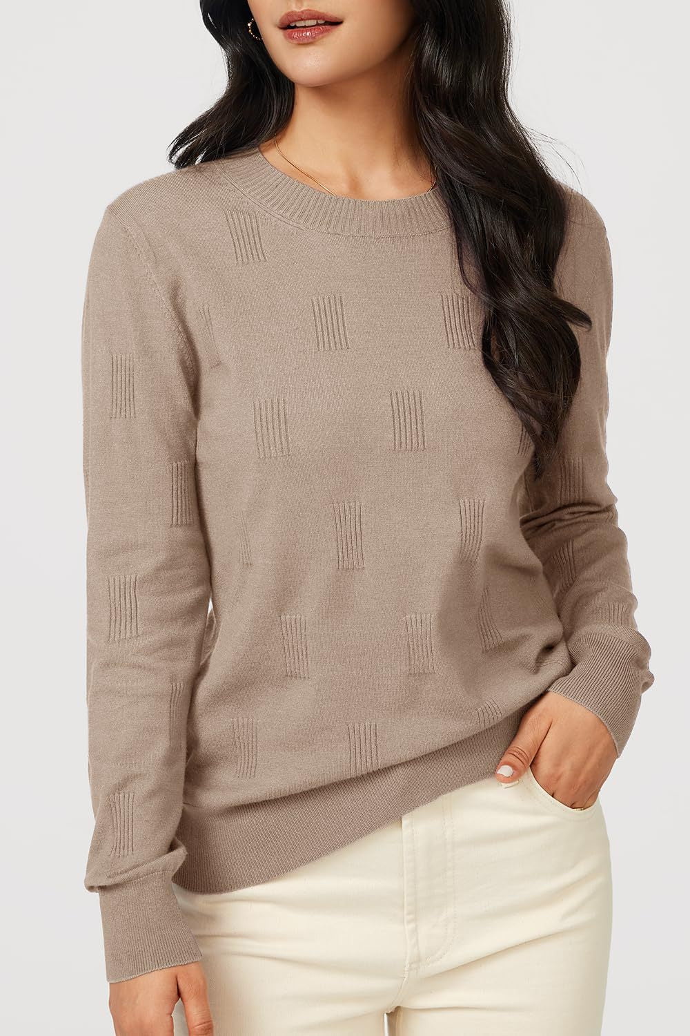 Textured Knit Crewneck Pullover Sweater for Women