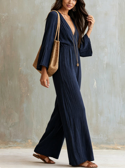Women's Boho V-Neck Bell Sleeve Wide Leg Jumpsuit