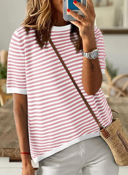 Red Stripe Contrast Trim Short Sleeve Knit Tee