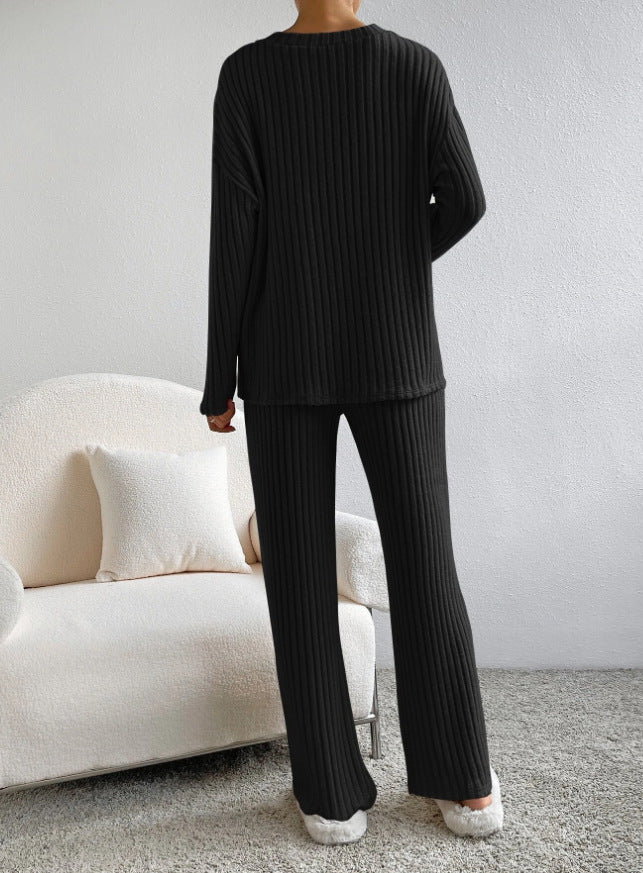 Women's Ribbed Knit V-Neck Two Piece Lounge Set