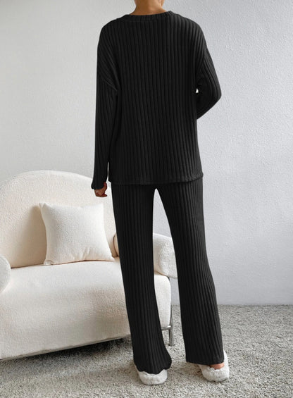 Women's Ribbed Knit V-Neck Two Piece Lounge Set
