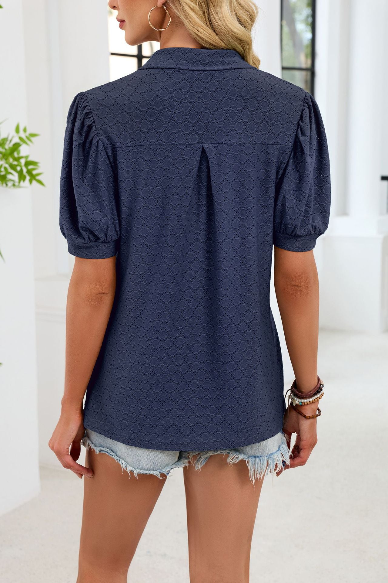 Eyelet V Neck Puff Sleeve Polo Blouse Casual Top