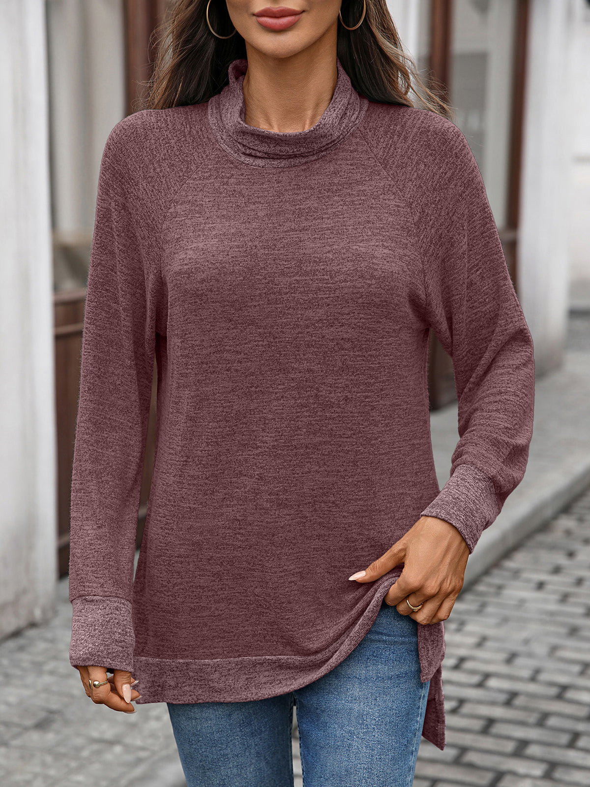 Women's Color Block Cowl Neck Long Sleeve Tunic Top