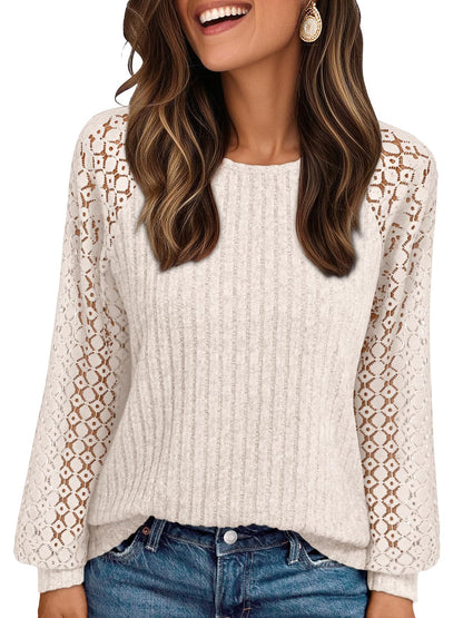 Ribbed Knit Pullover with Hollow Lace Sleeve Detail