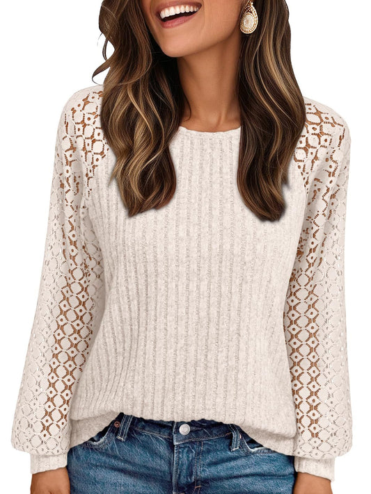 Ribbed Knit Pullover with Hollow Lace Sleeve Detail