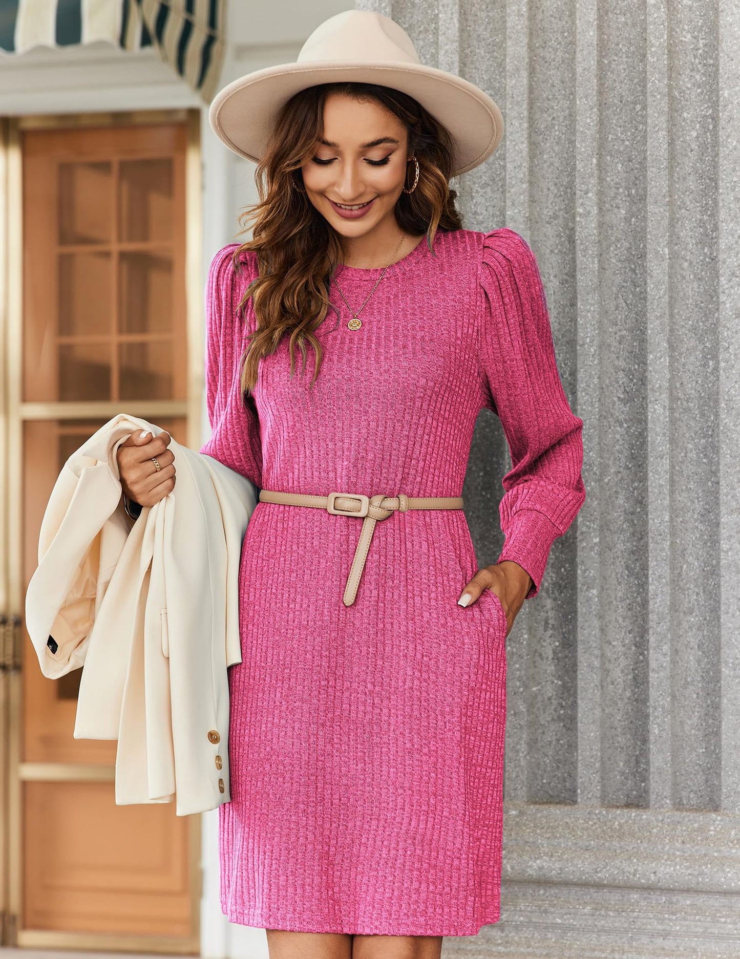 Brushed Rib Knit Long Sleeve Casual A-Line Sweater Dress