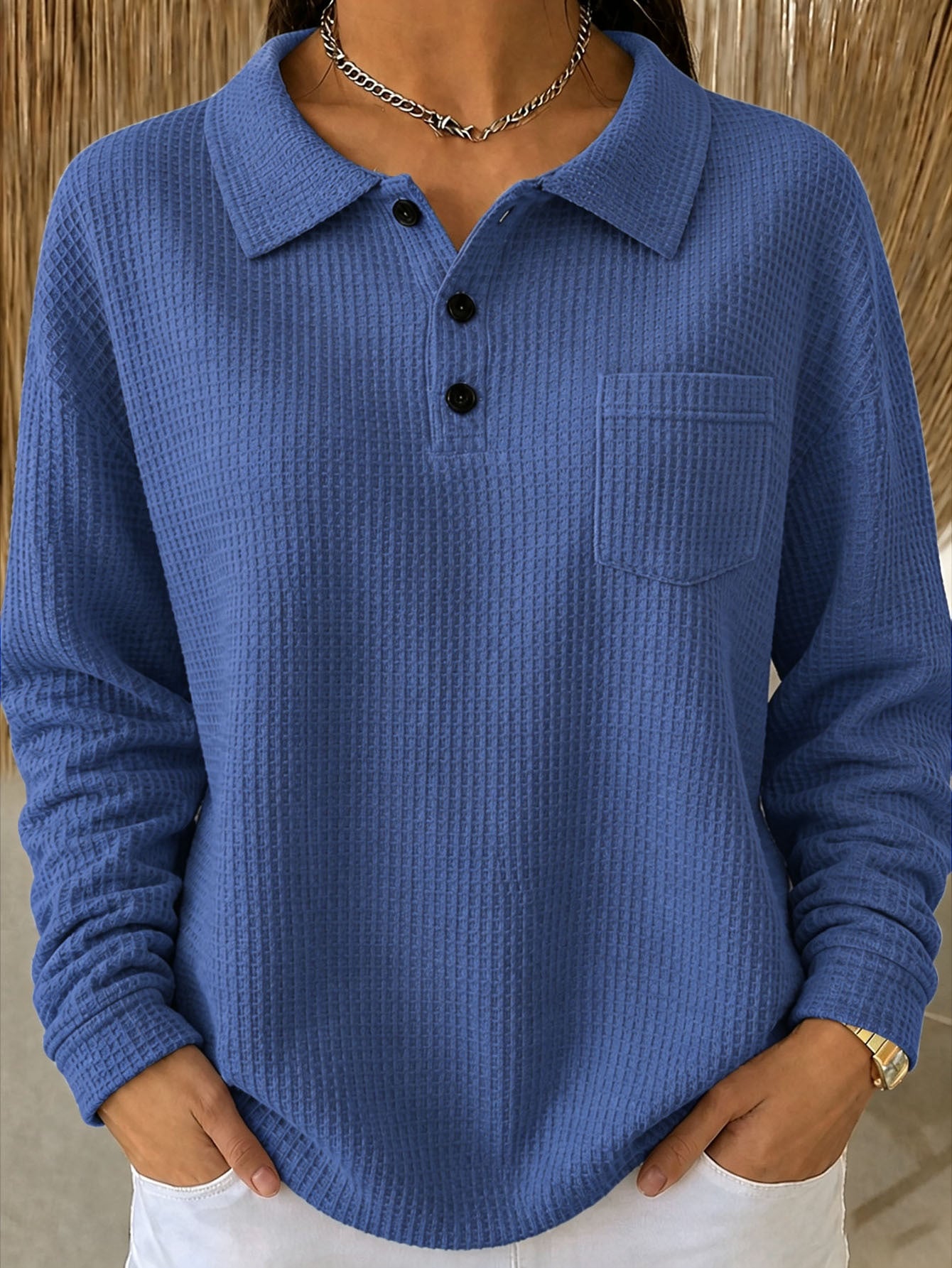 Women's Oversized Waffle Knit Collared Pocket Sweatshirt