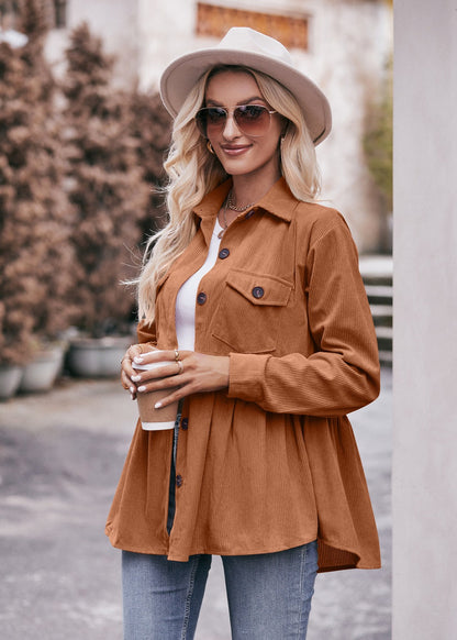 Casual Corduroy Babydoll Shirt Vintage-Inspired Top