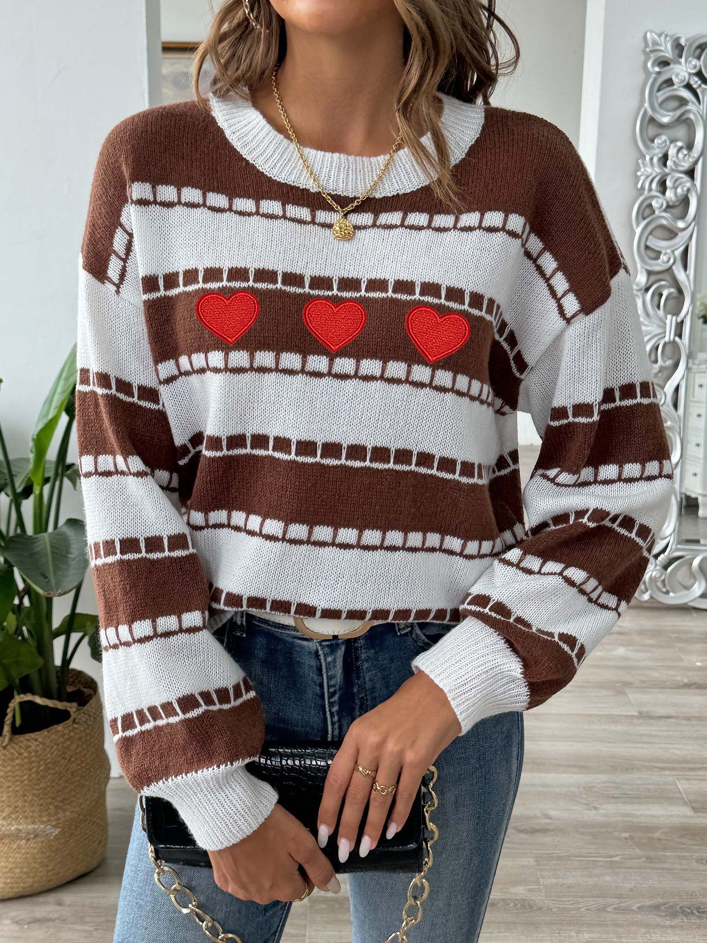 Colorblock Striped Sweater | Embroidered Heart Patch Design