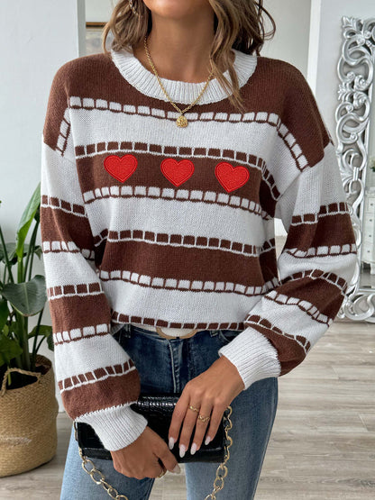 Colorblock Striped Sweater | Embroidered Heart Patch Design