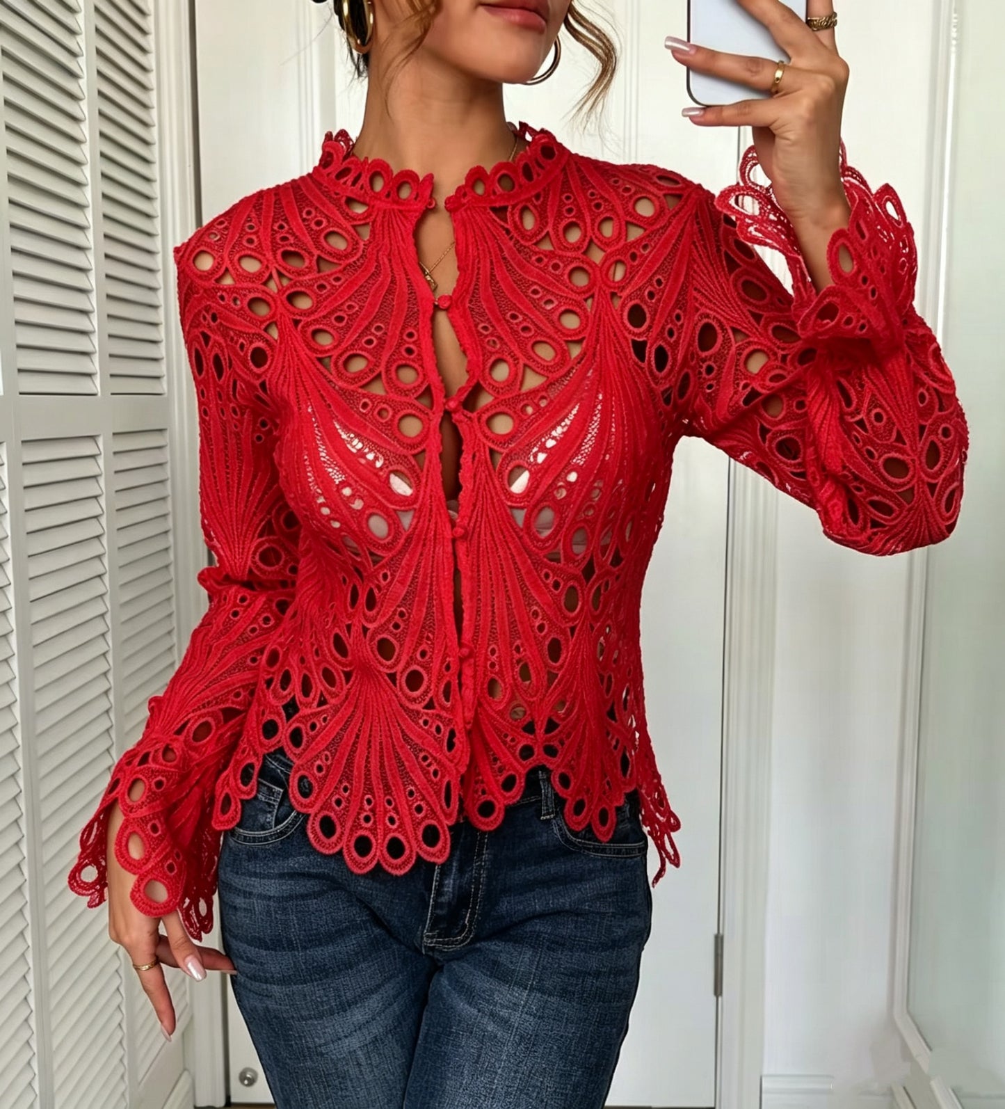 Women's Crochet Lace Button Front Blouse with Bell Sleeves