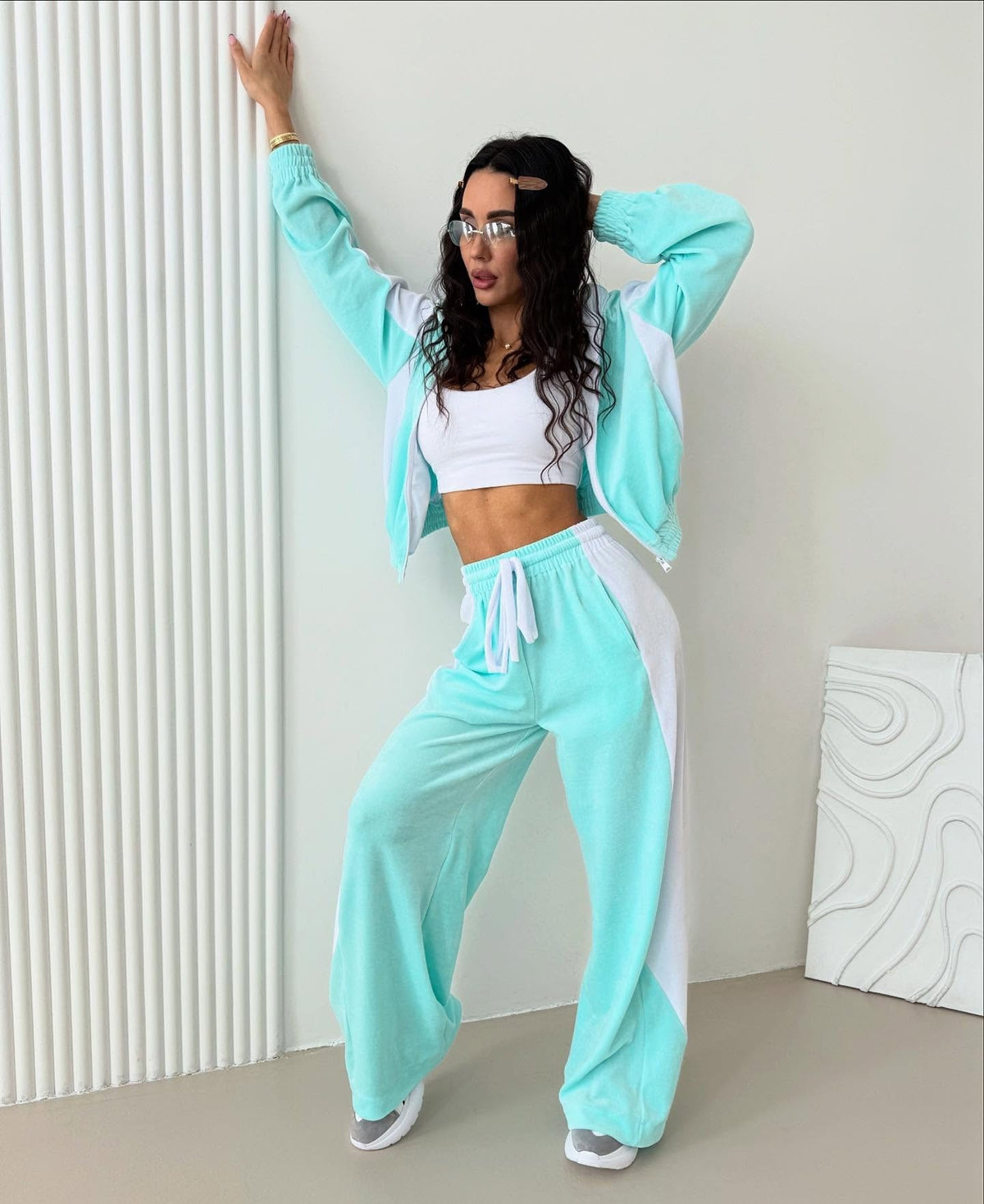 Velvet Tracksuit Color Block Zip Jacket Pants Set