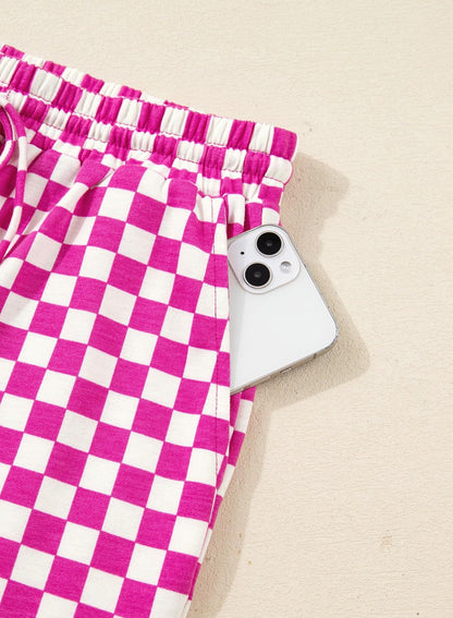 Rose Red Checkerboard Tee and Drawstring Shorts Set
