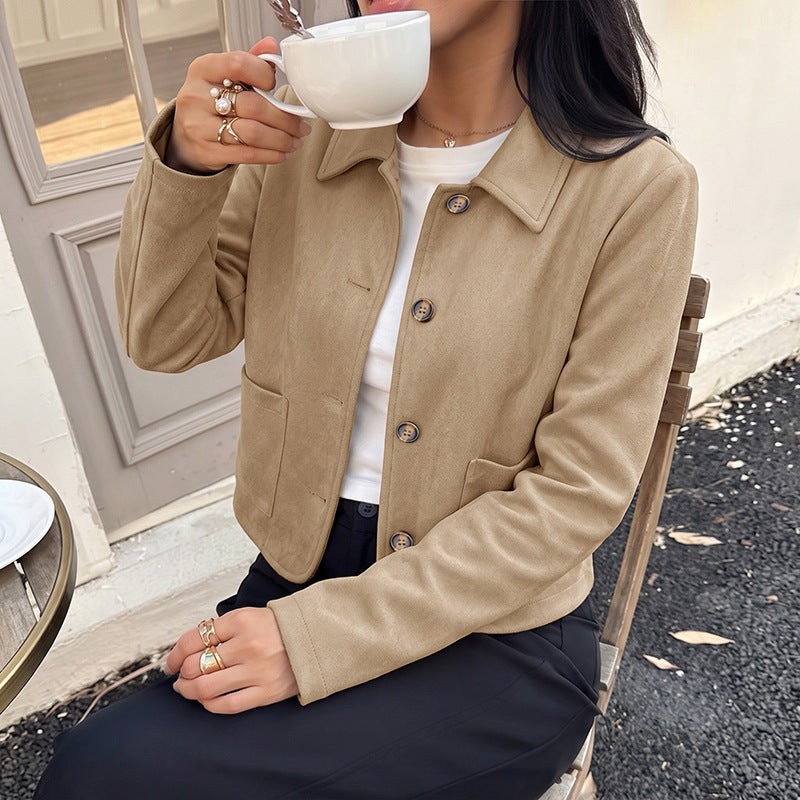 Faux Suede Cropped Jacket Button Front Patch Pockets