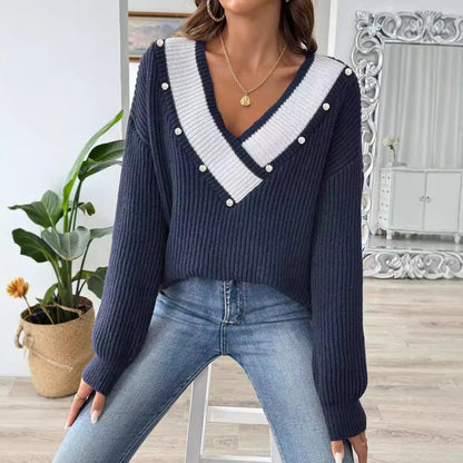 Pearl Bead Women's Clothing Contrasting Color Splicing Large V-neck Loose Pullover Sweater