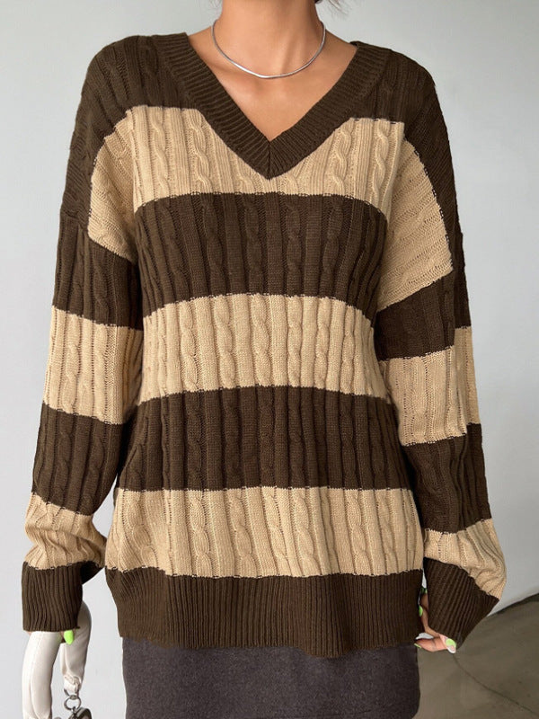 Women's Oversized V-Neck Striped Cable Knit Sweater