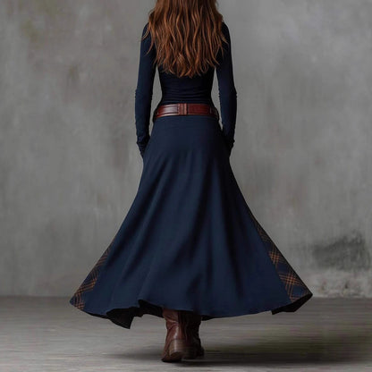 Vintage Suede Patchwork Plaid Maxi Dress Belted Pockets
