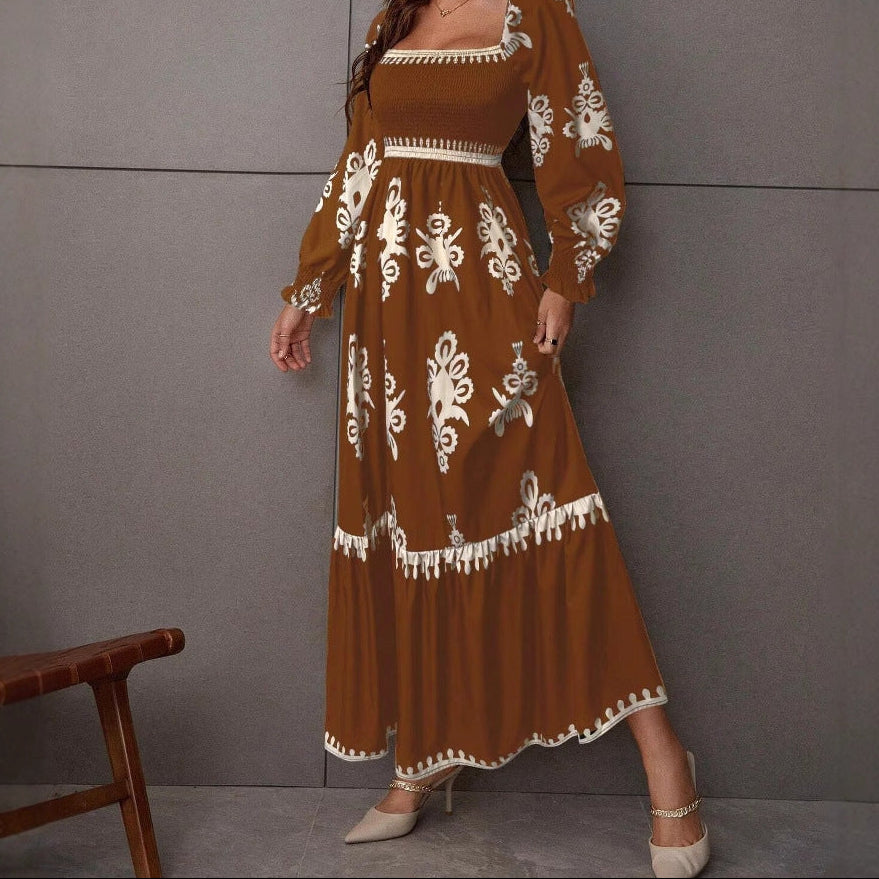Square Neck Smocked Long Puff Sleeve Maxi Dress Boho Print