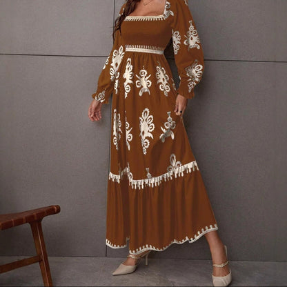 Square Neck Smocked Long Puff Sleeve Maxi Dress Boho Print