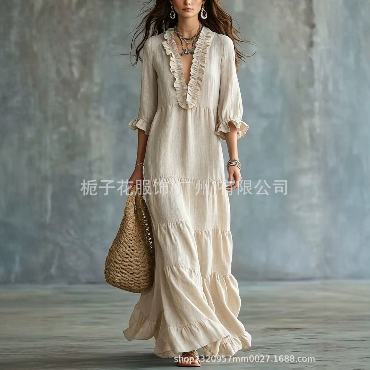 Women's Boho V-Neck Ruffle Tiered Maxi Dress Casual Summer