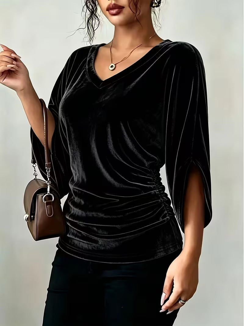Women's Velvet V Neck Batwing 3/4 Sleeve Ruched Top